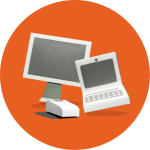 A computer monitor, a mouse, and a laptop.